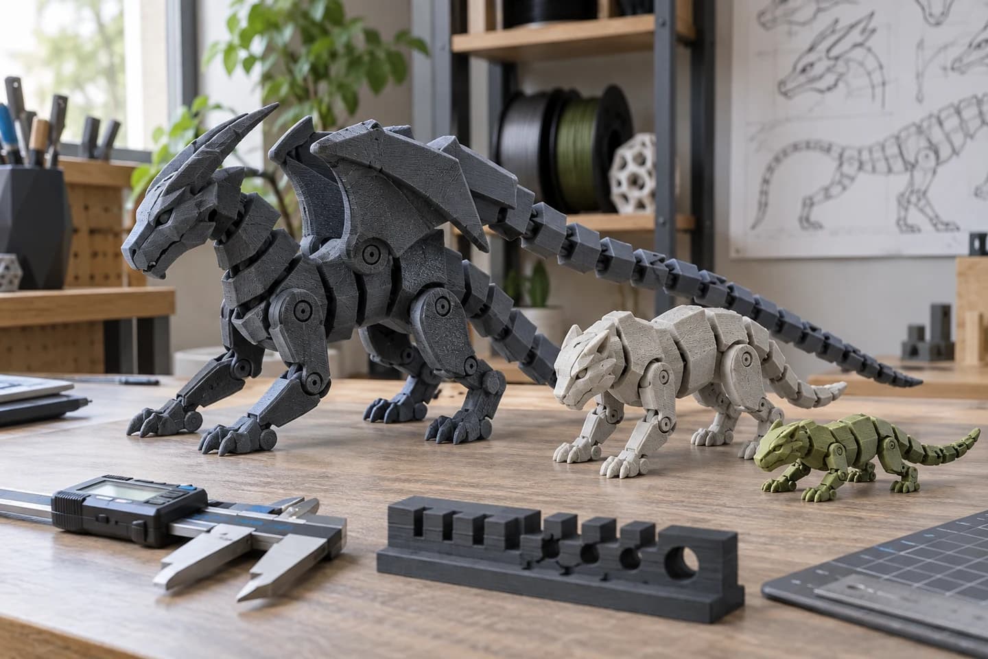 3D baskı dinozor ve eklemli figür seçimi için özgün temsili 3D baskı görseli