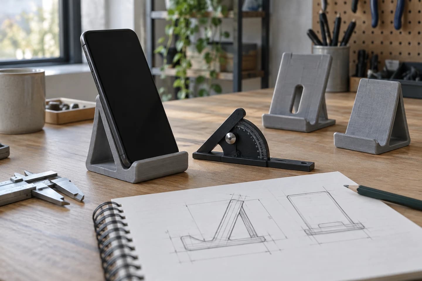 3D baskı telefon standında ölçü ve açı seçimi için özgün temsili 3D baskı görseli