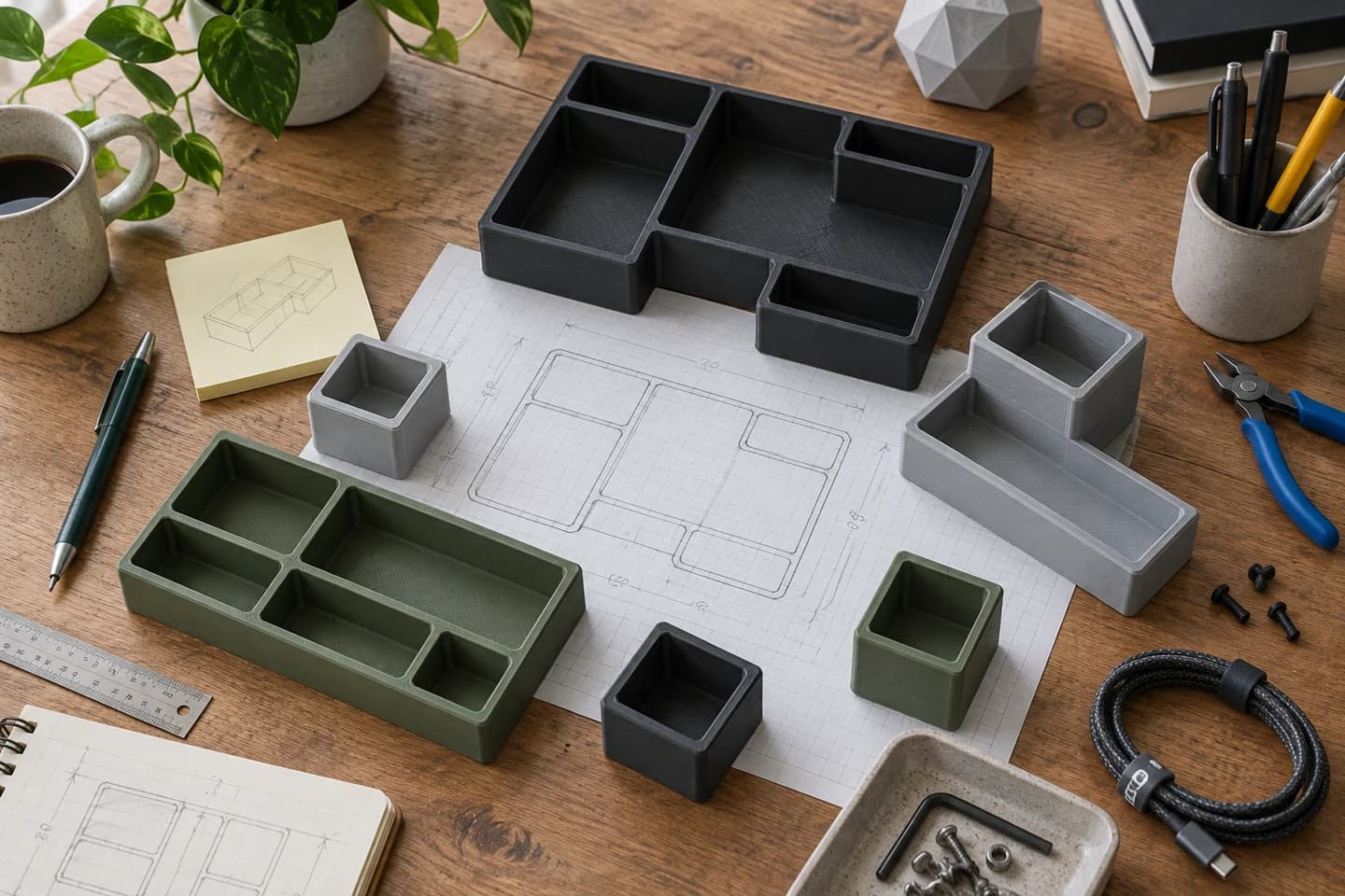 Masaüstü organizer 3D baskı ile nasıl planlanır? için özgün temsili 3D baskı görseli