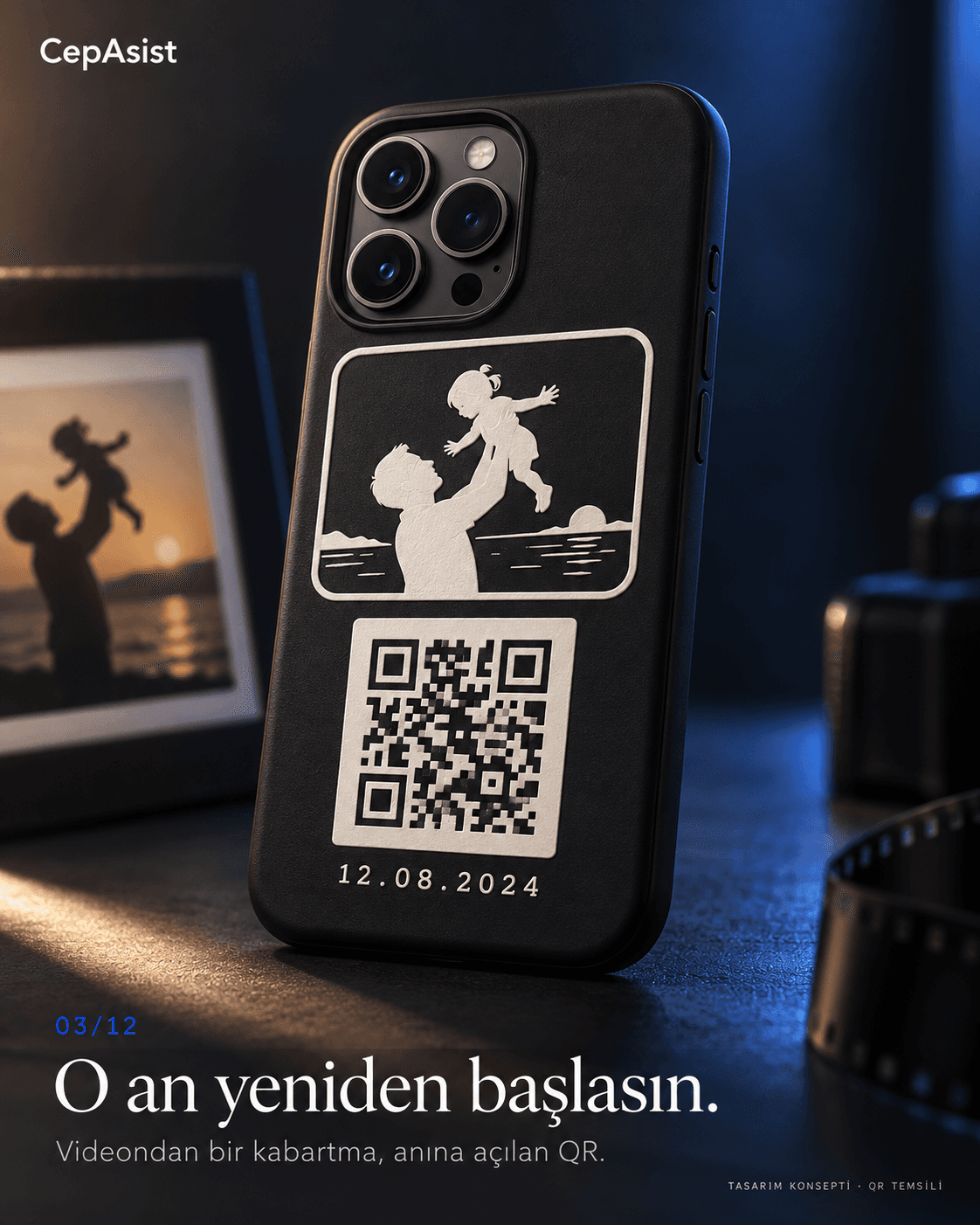 Video Anılı QR Telefon Kılıfı — siyah beyaz temsili tasarım