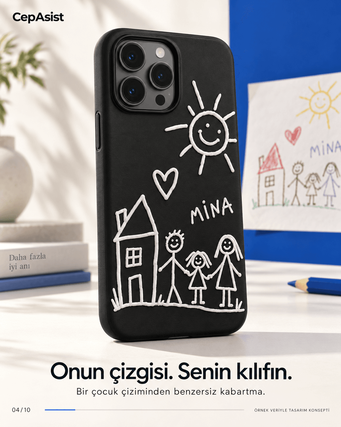 Çocuk Çizimli Telefon Kılıfı — siyah beyaz temsili tasarım