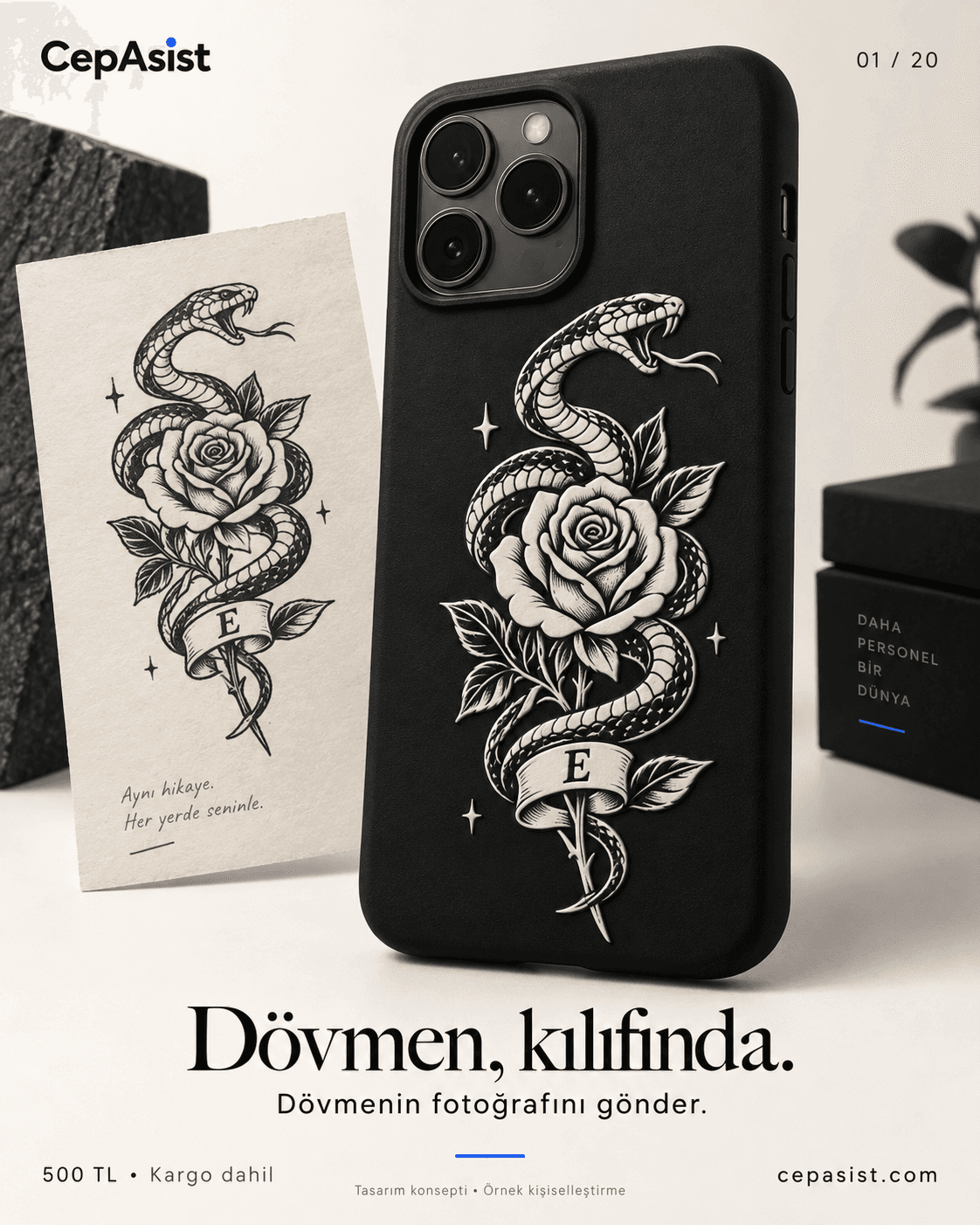 Kendi Dövmenle Telefon Kılıfı — siyah beyaz temsili tasarım