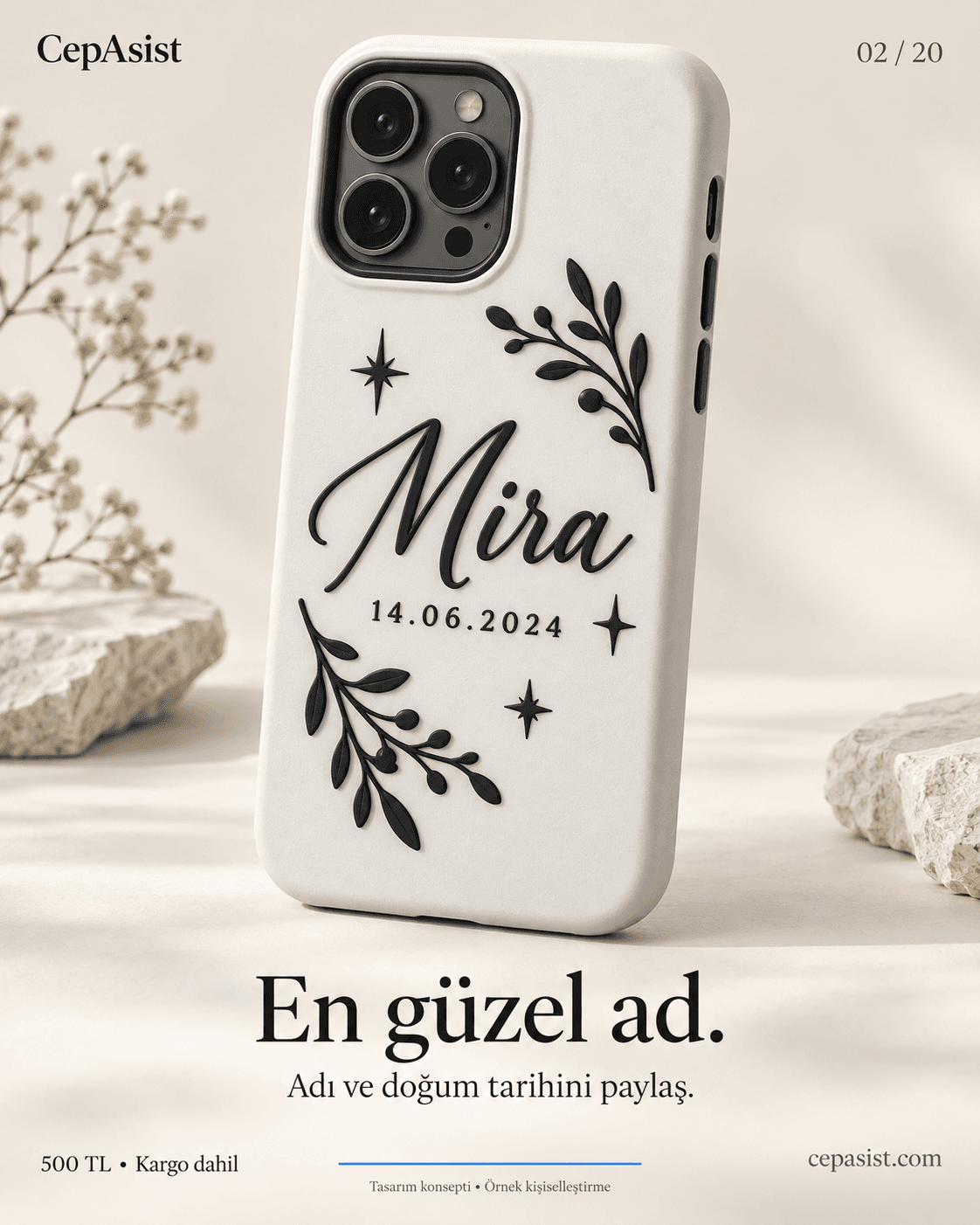 Çocuk İsimli Telefon Kılıfı — siyah beyaz temsili tasarım