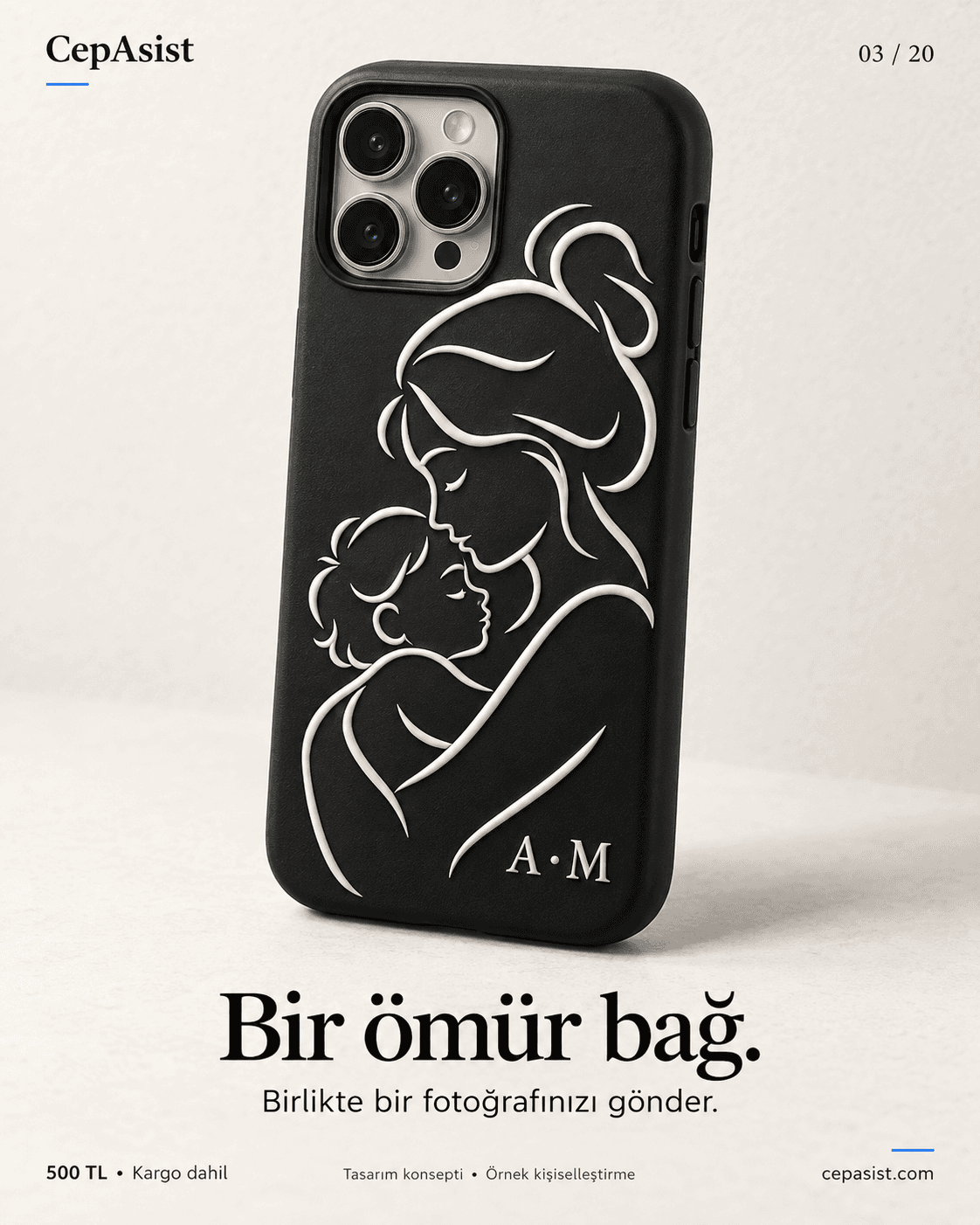 Anne Çocuk Çizgili Telefon Kılıfı — siyah beyaz temsili tasarım