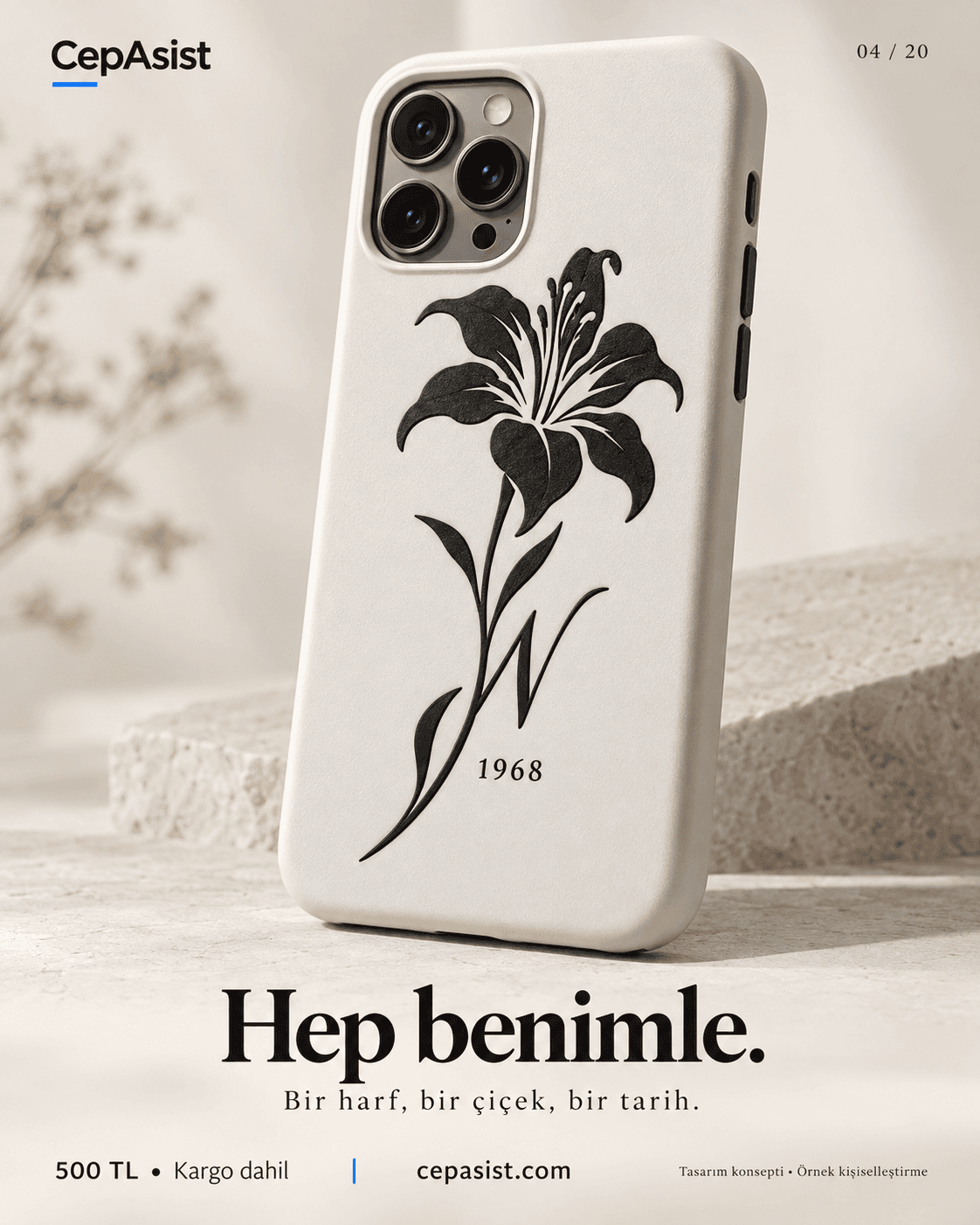 Hatıra İsim ve Tarihli Telefon Kılıfı — siyah beyaz temsili tasarım