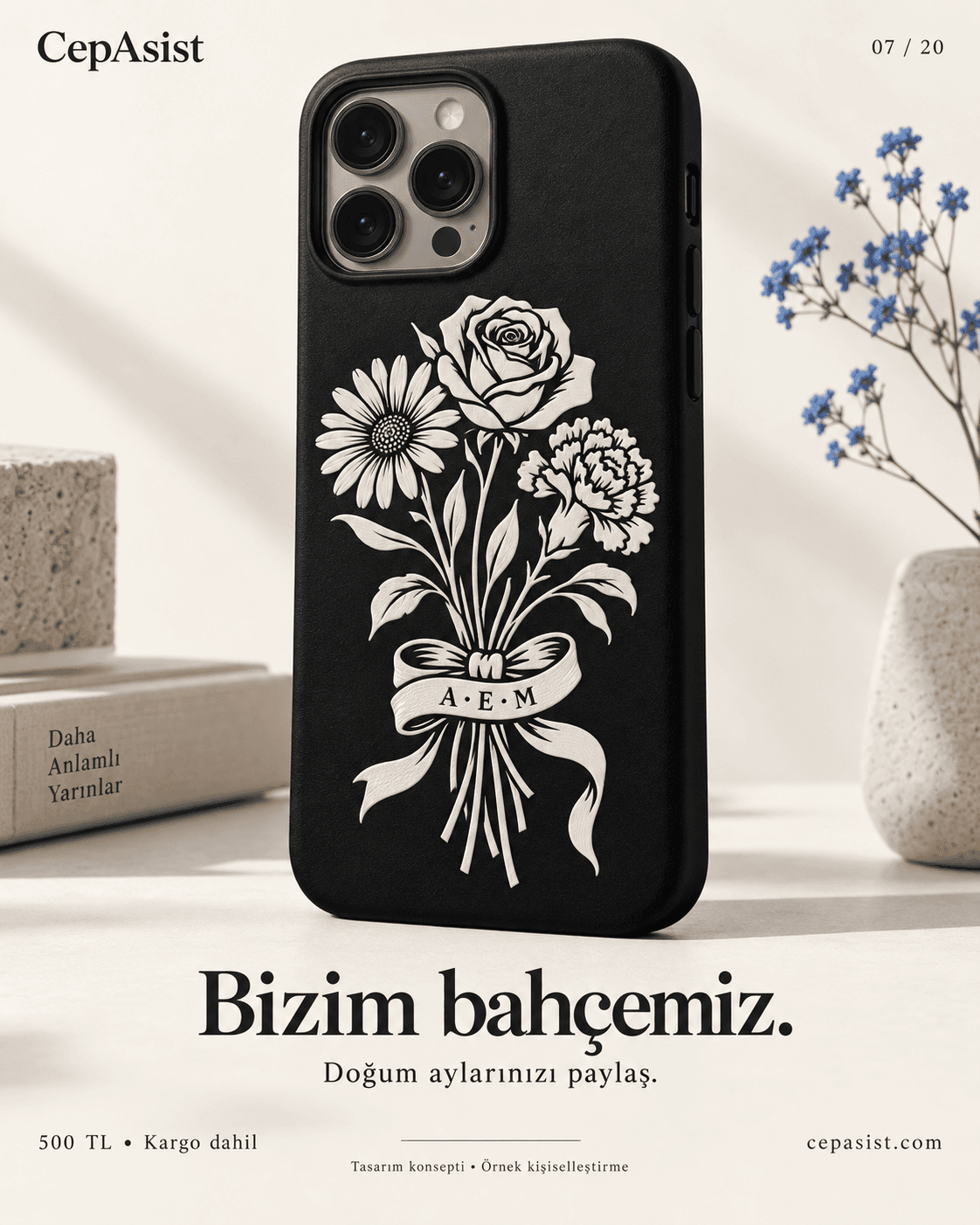 Doğum Çiçekli Telefon Kılıfı — siyah beyaz temsili tasarım