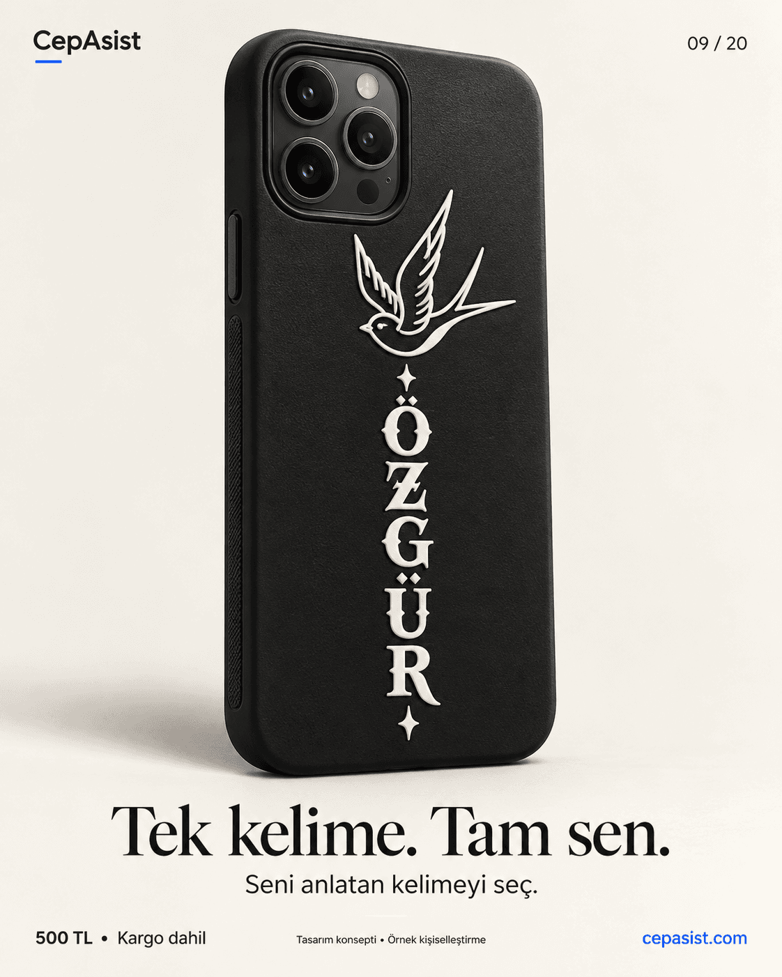 Tek Kelimeli Telefon Kılıfı: siyah beyaz TPU kılıf tasarım konsepti