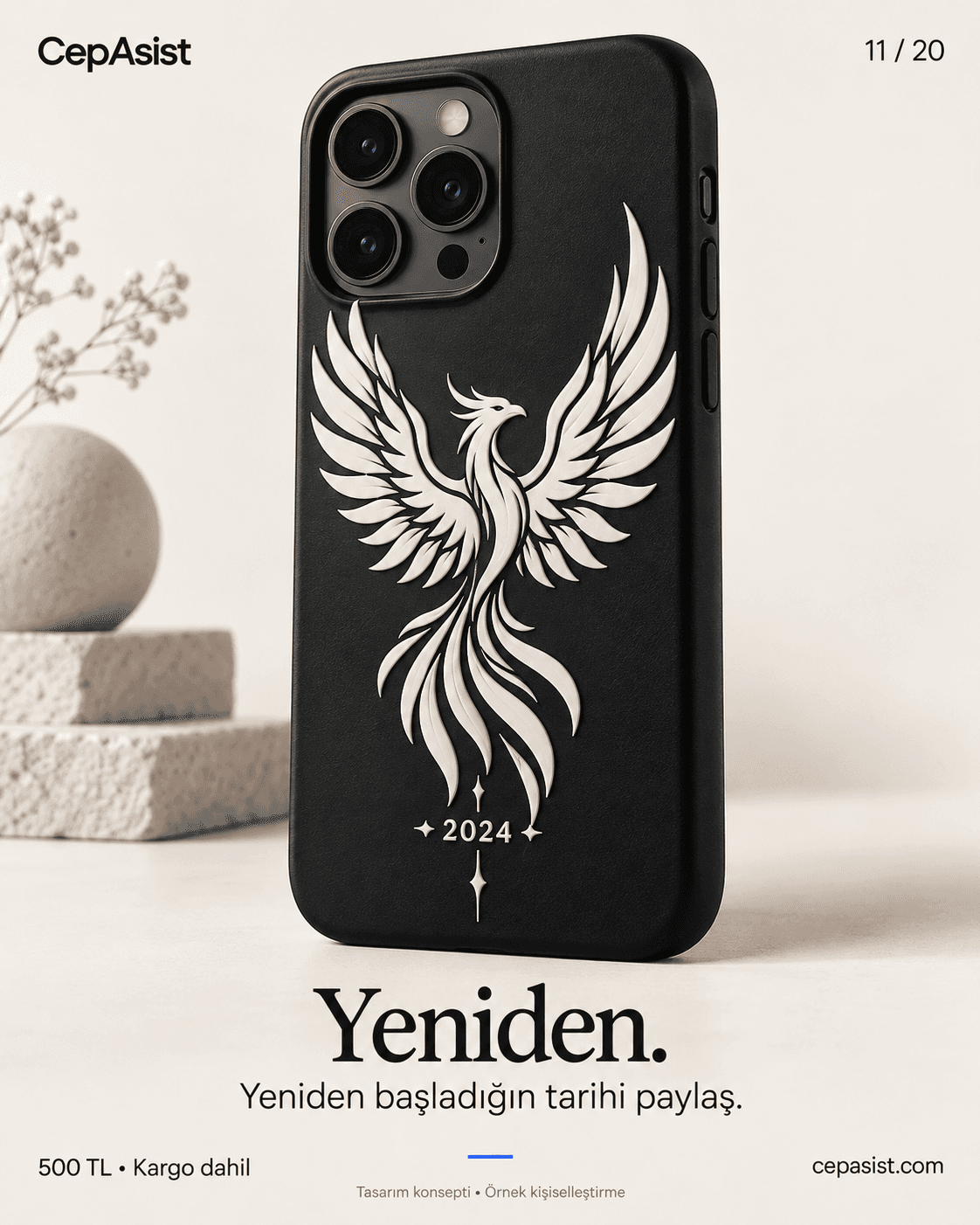 Anka Kuşu Telefon Kılıfı — siyah beyaz temsili tasarım