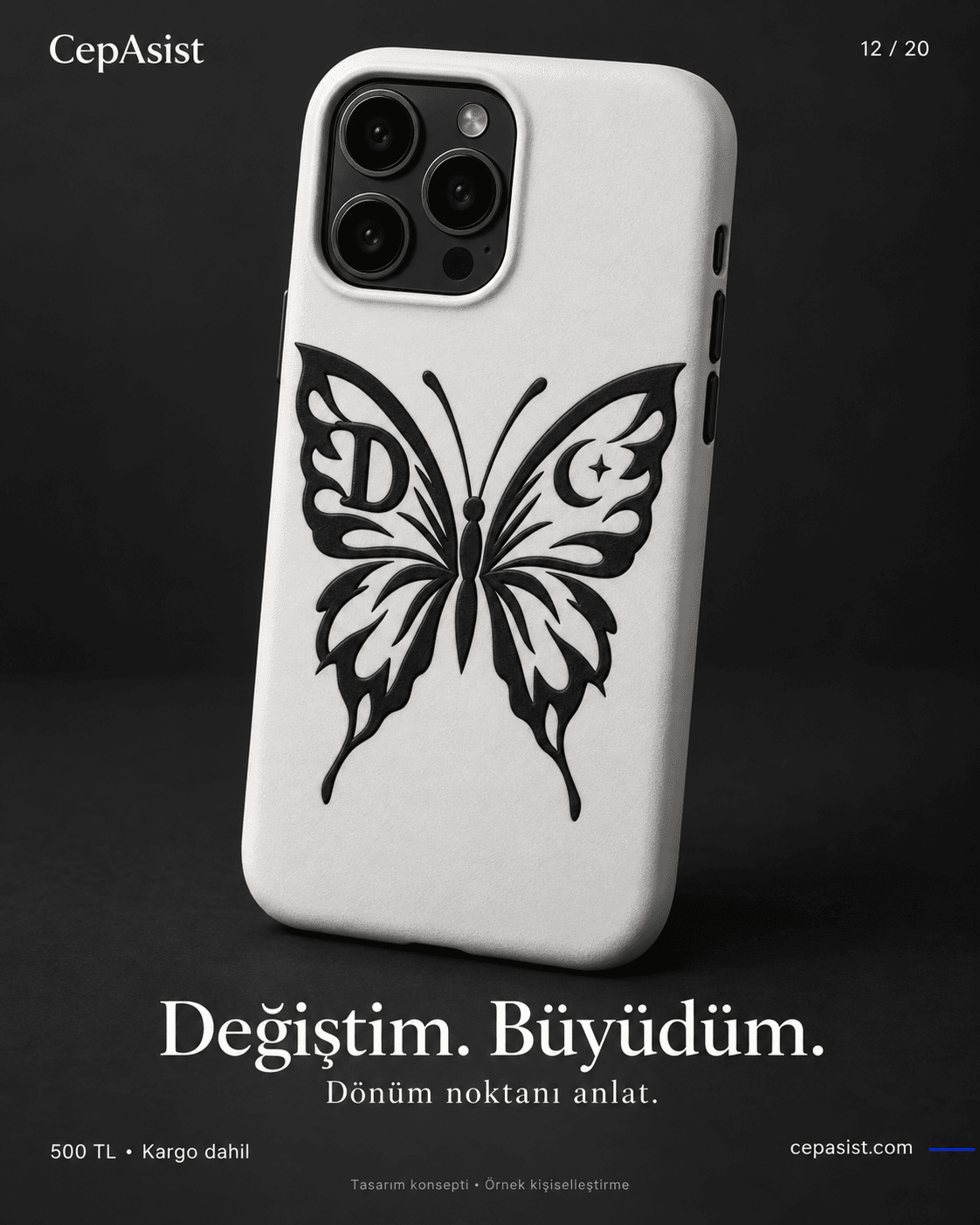 Kelebek Desenli Kişisel Telefon Kılıfı — siyah beyaz temsili tasarım