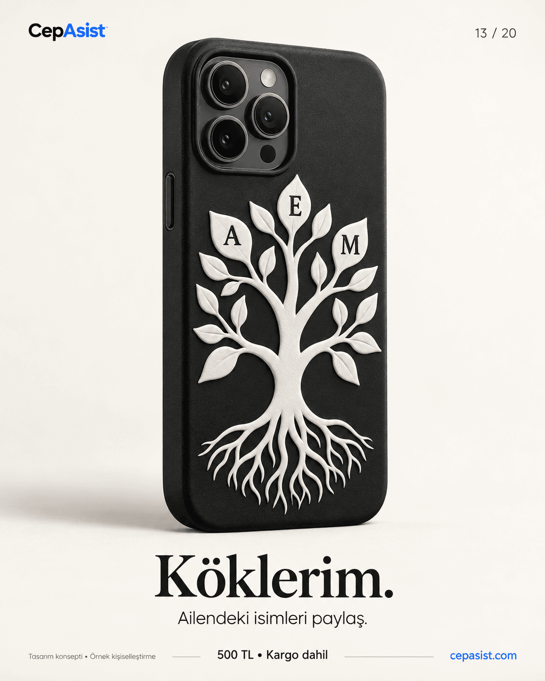 Hayat Ağacı İsimli Telefon Kılıfı — siyah beyaz temsili tasarım