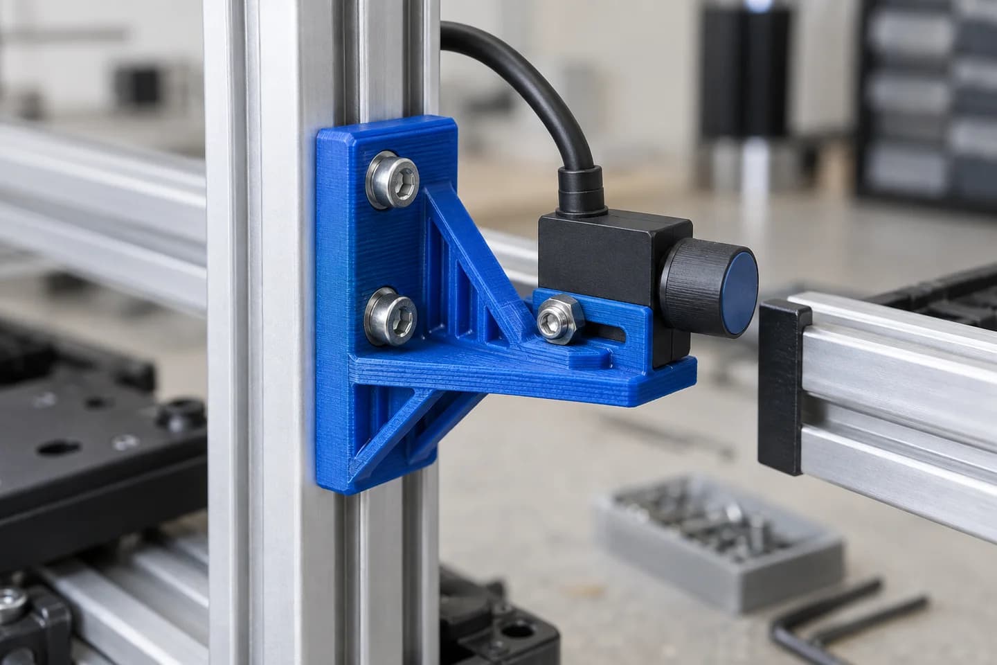 Atölyede mavi 3D baskı montaj braketi örneği