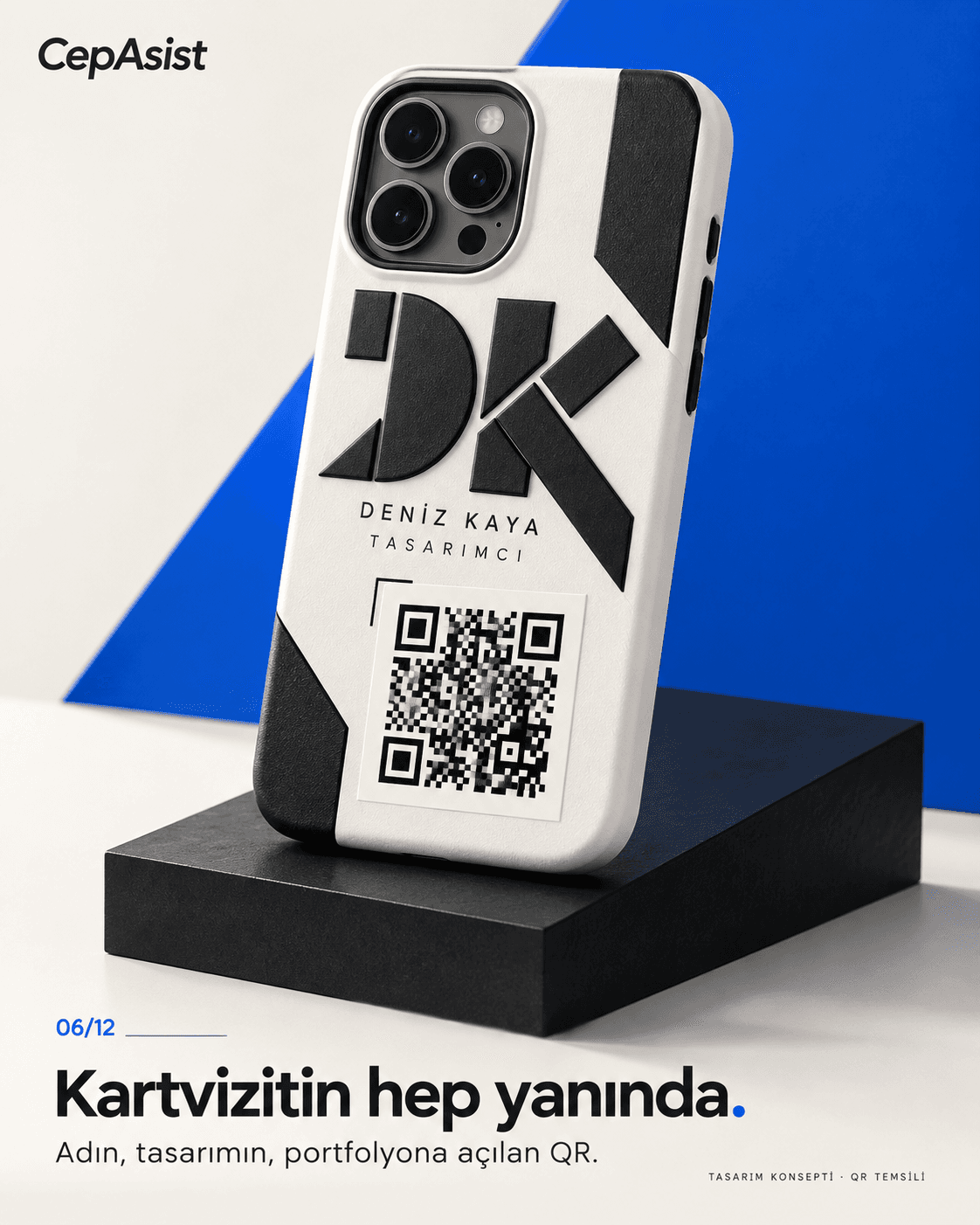 Dijital kartvizit: siyah beyaz kişiselleştirilmiş telefon kılıfı konsepti