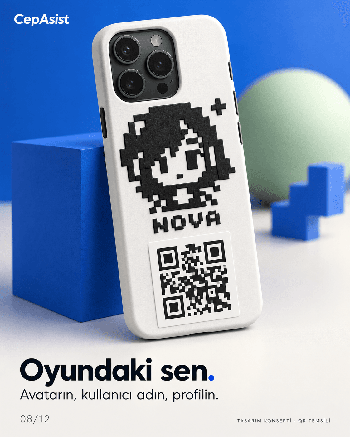 Oyuncu İsimli Telefon Kılıfı — siyah beyaz temsili tasarım