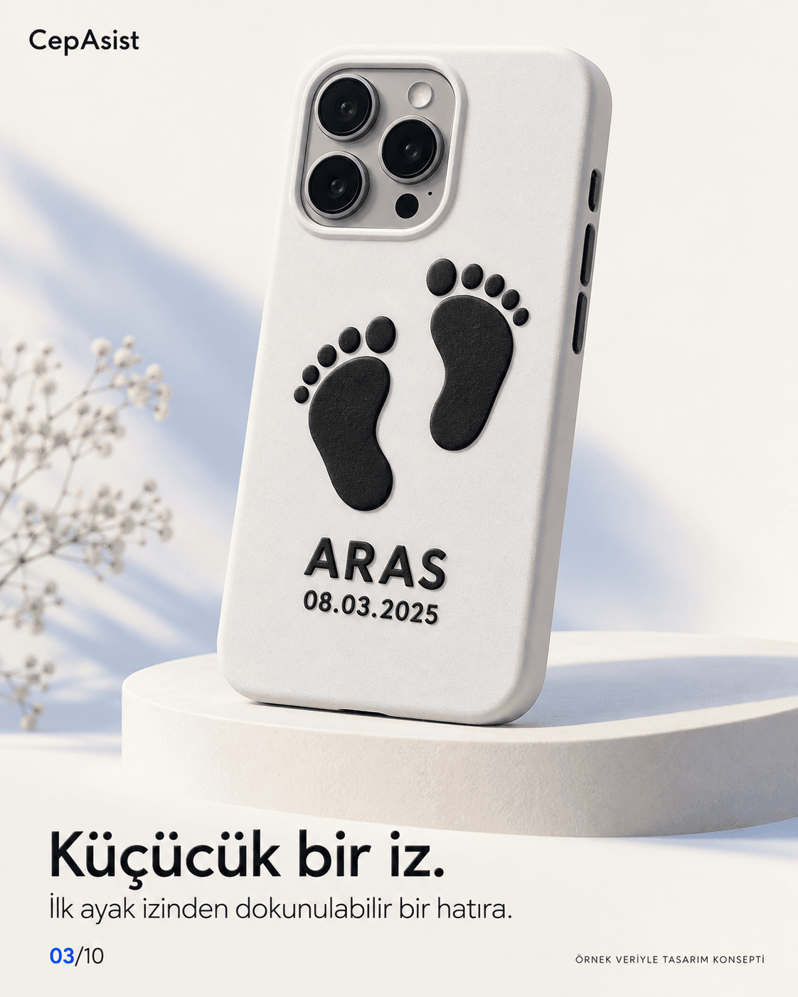 Bebek Ayak İzli Telefon Kılıfı — siyah beyaz temsili tasarım