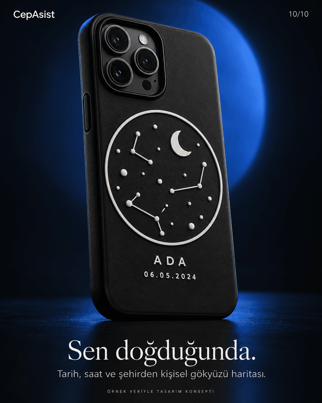 Doğduğun gökyüzü: siyah beyaz kişiselleştirilmiş telefon kılıfı konsepti