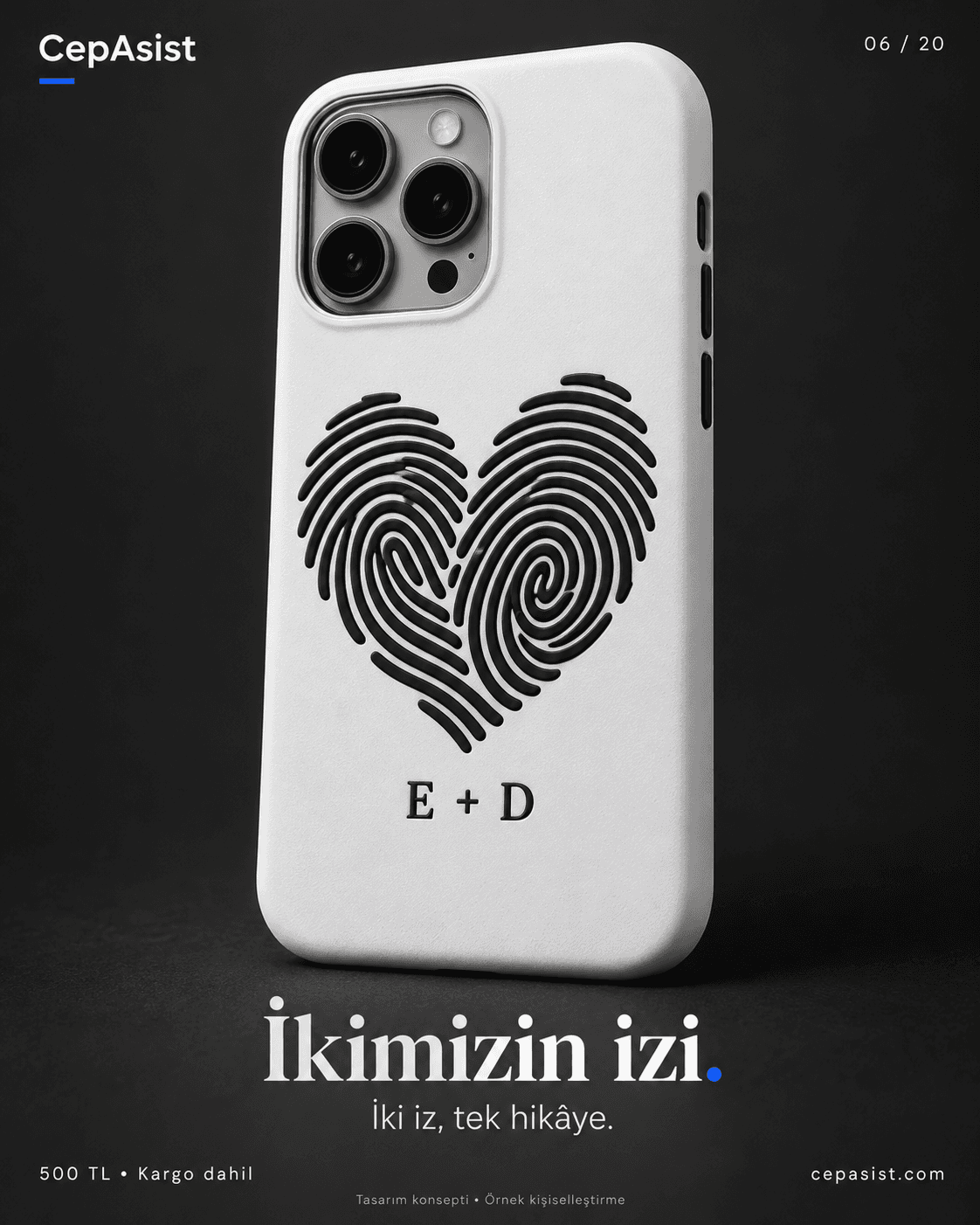 Parmak izinden kalp: siyah beyaz kişiselleştirilmiş telefon kılıfı konsepti