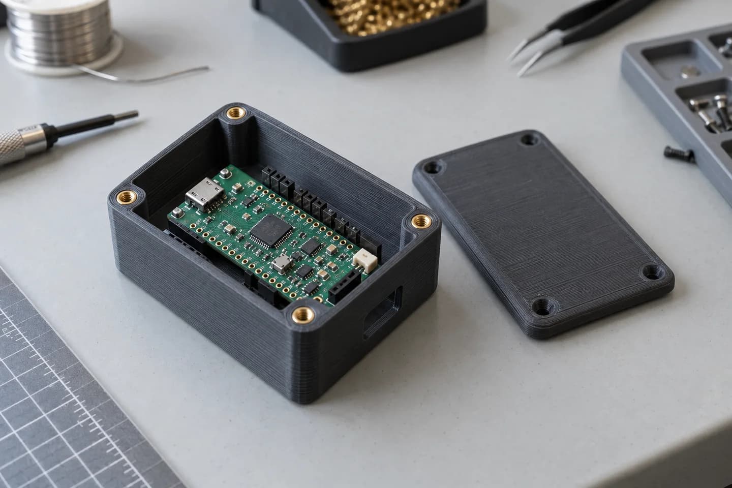 Elektronik kartın yanında siyah 3D baskı muhafaza kutusu