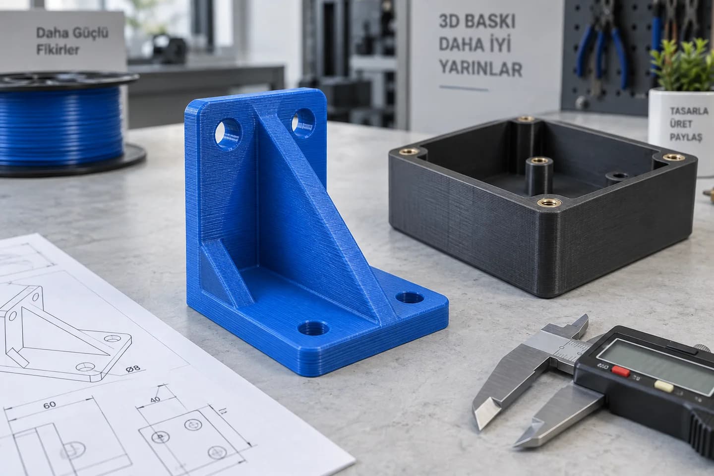 3D baskı ile üretilmiş braket ve muhafazanın temsili atölye görünümü